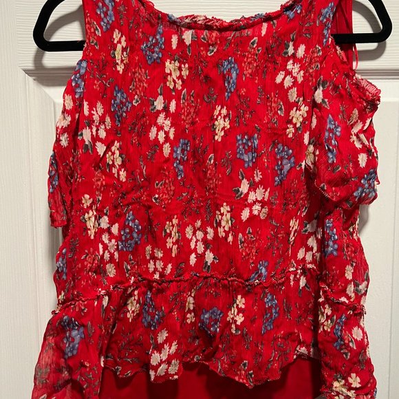 Zara Red Cold Shoulder Floral Top Sz Large - Picture 2 of 5